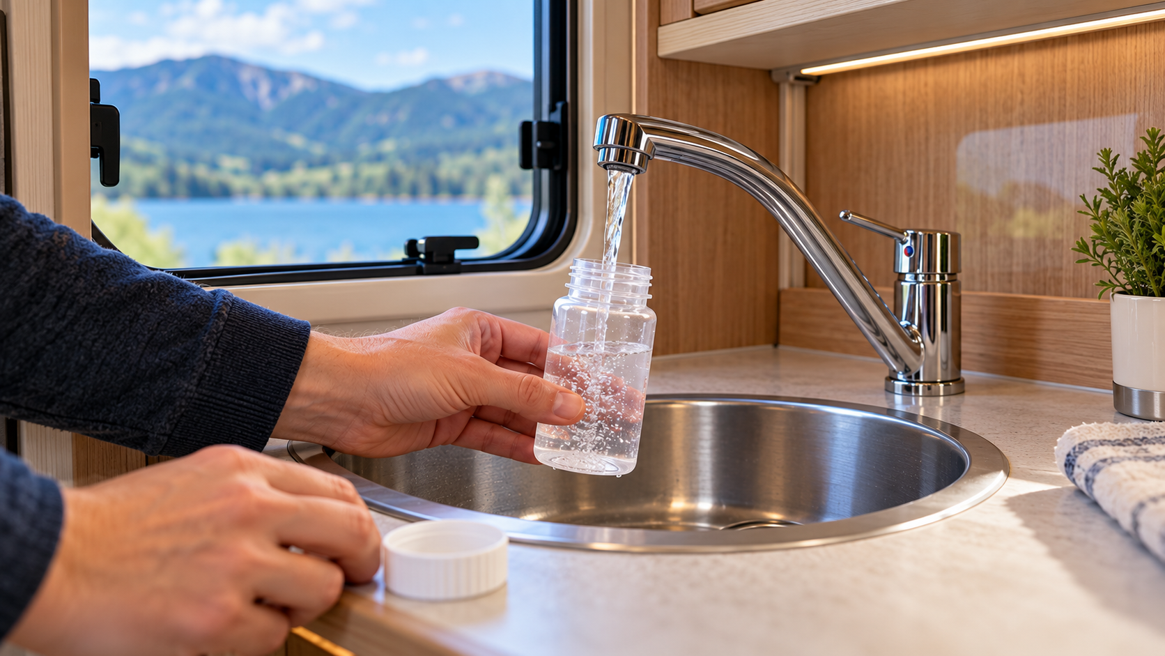 Collecting a water sample at a motorhome sink for Legionella testing