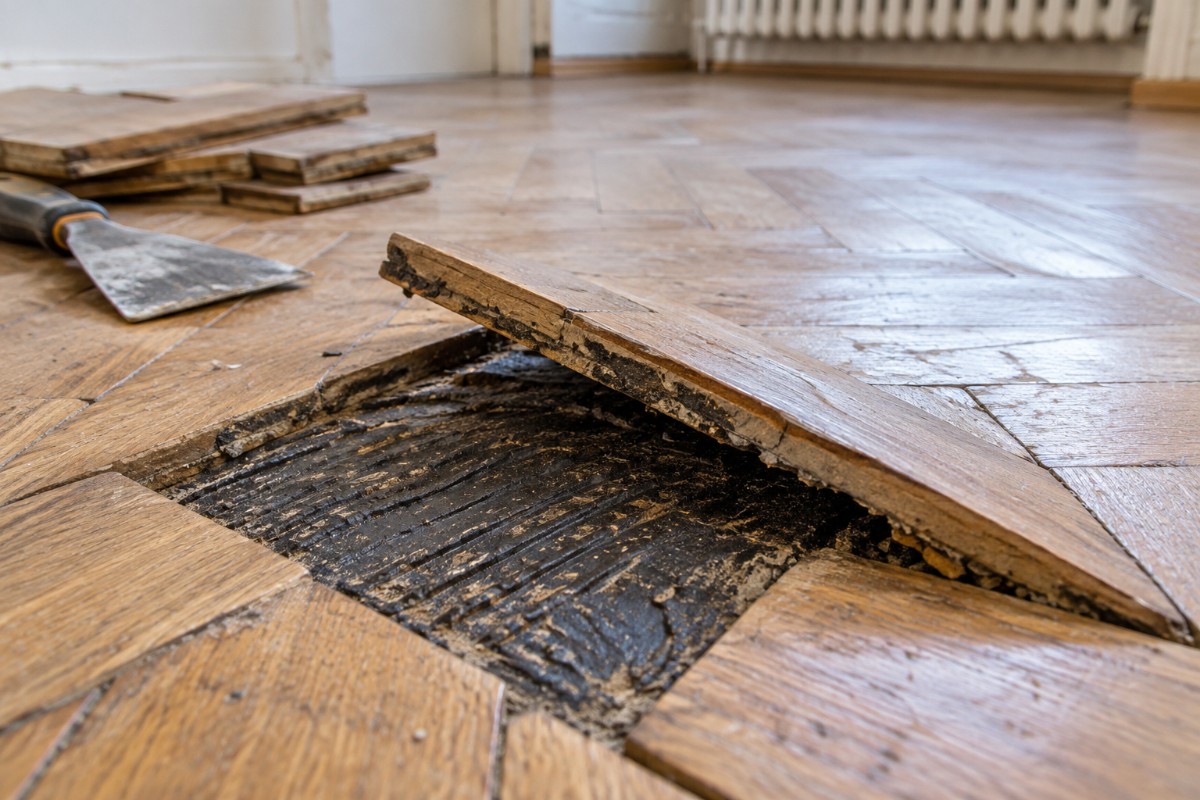Vecchio pavimento in legno con colla nera per parquet come possibile fonte di sostanze nocive