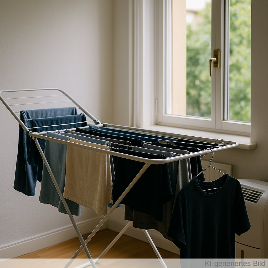 Wäscheständer mit Kleidung vor offenem Fenster in heller Wohnung, zur Vermeidung von Schimmel beim Trocknen