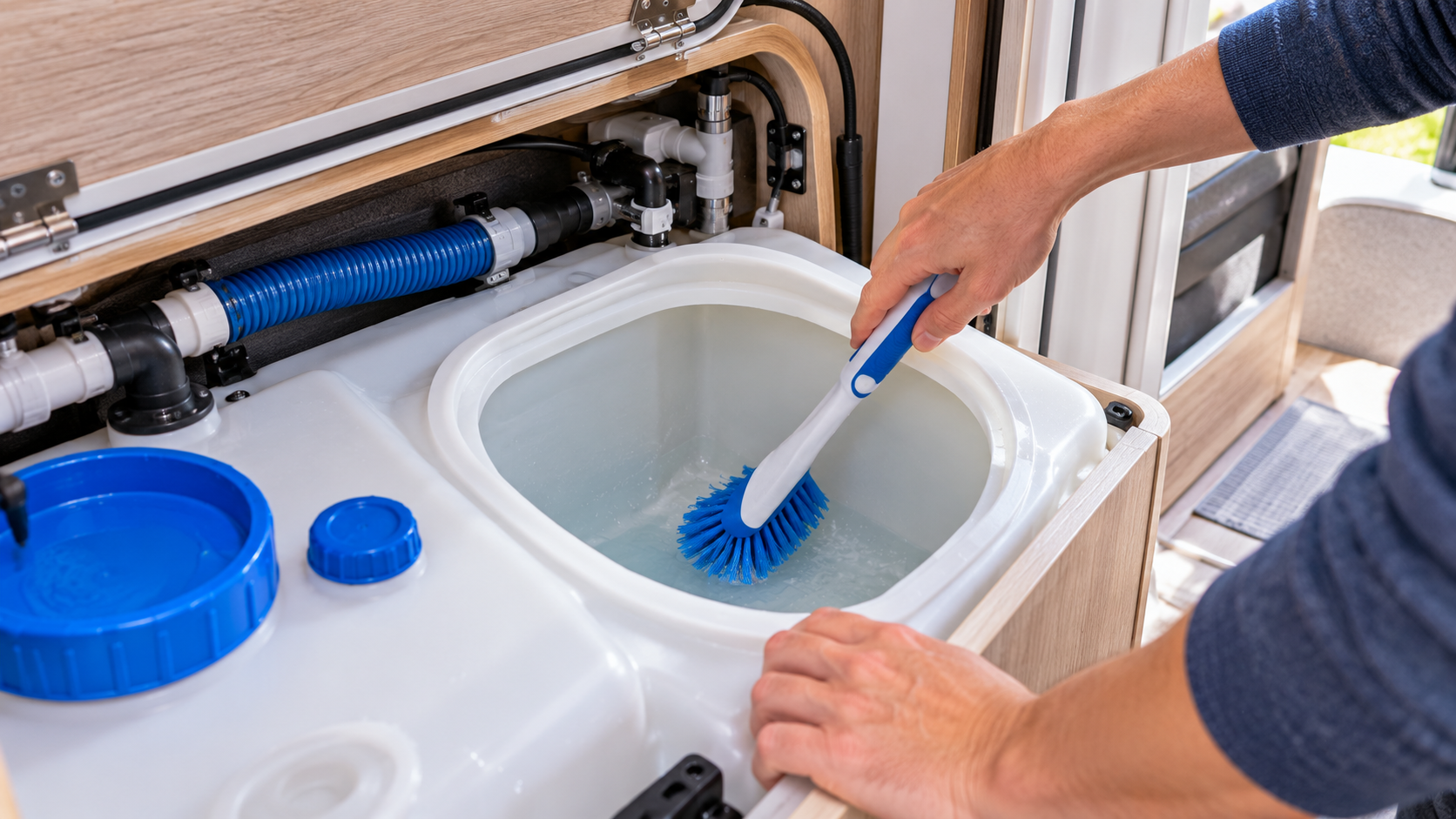 Cleaning a motorhome fresh water tank with a brush to remove deposits