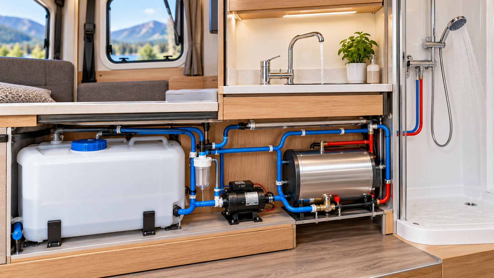 Motorhome fresh water system with water tank, pump, water heater, pipes and shower
